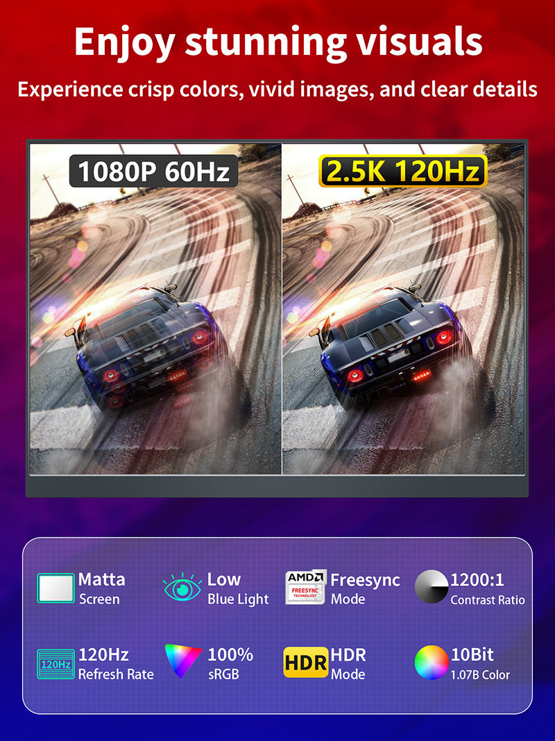 16-inch 2.5K 120Hz Portable Gaming Monitor for PC Laptop